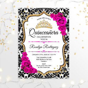 Convites Quinceanera - Dourado Rosa Damasco