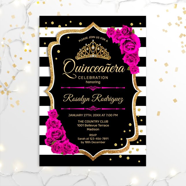 Convites Quinceanera - Dourado Rosa Preto (Criador carregado)
