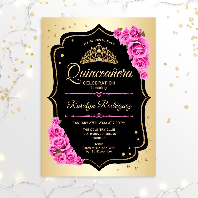 Convites Quinceanera - Dourado Rosa Preto (Criador carregado)