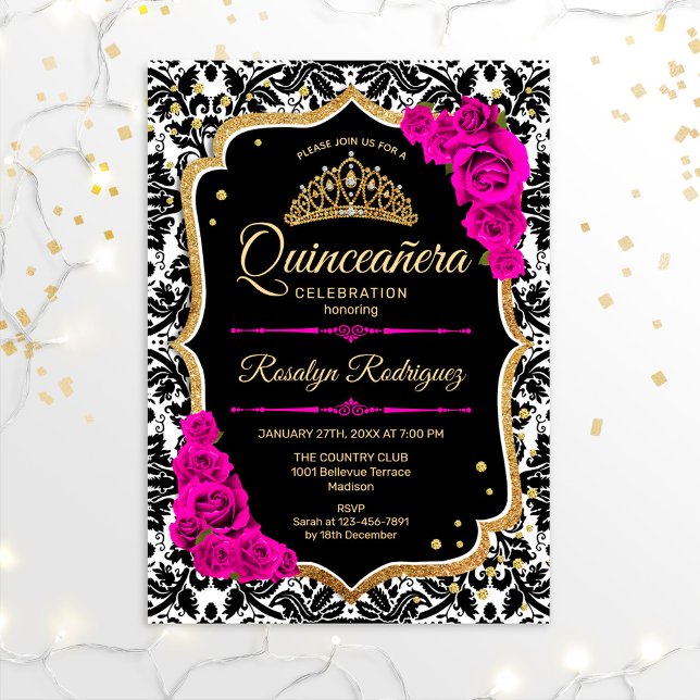 Convites Quinceanera - Dourado Rosa Preto (Criador carregado)