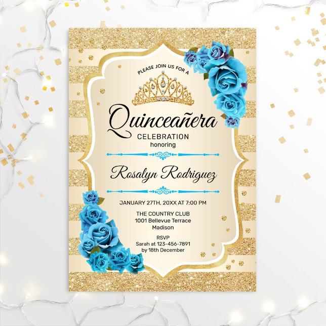 Convites Quinceanera - Dourado Stripes Azul (Criador carregado)