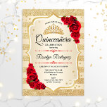 Convites Quinceanera - Dourado Stripes Vermelho<br><div class="desc">Dourado convite para comemoração de Quinceanera. Apresenta faixas,  fontes de script,  rosa vermelha,  tiara e confetti. Design clássico com ouro falso brilhante. Perfeito para uma elegante celebração de glam.</div>