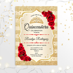 Convites Quinceanera - Dourado Stripes Vermelho