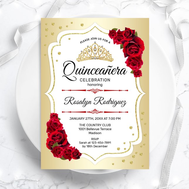 Convites Quinceanera - Dourado Vermelho Branco (Criador carregado)