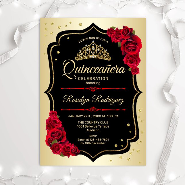 Convites Quinceanera - Dourado Vermelho Negro (Criador carregado)