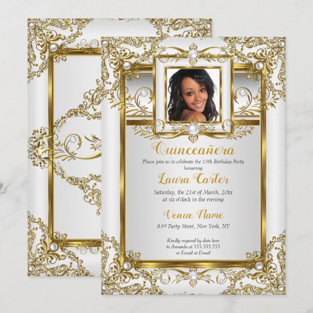 Convites Quinceanera Dourado White Pearl Damask Foto Aniver (Frente/Verso)