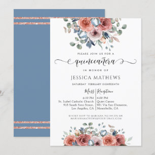 Convites Quinceañera Dusty Azul Rosa Dourado Floral Feliz