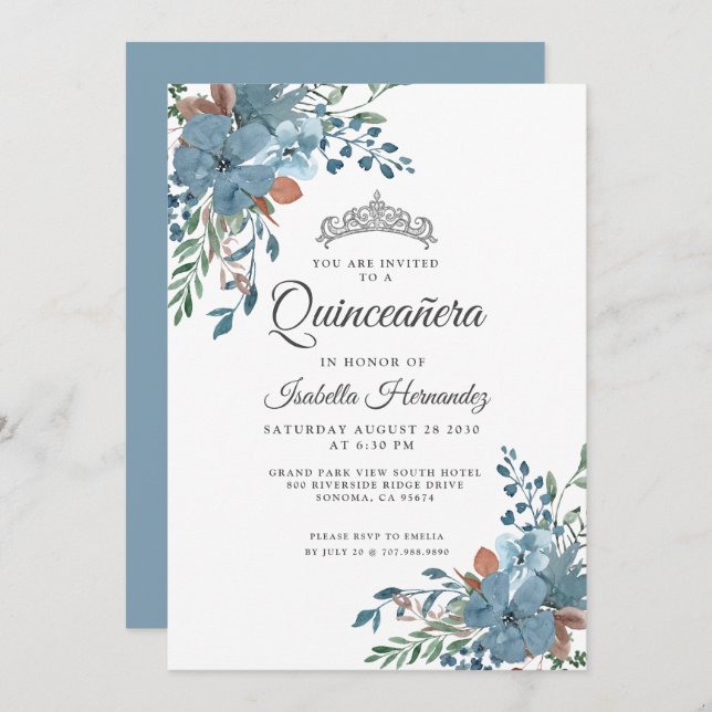 Convites Quinceanera Dusty Blue Floral (Frente/Verso)