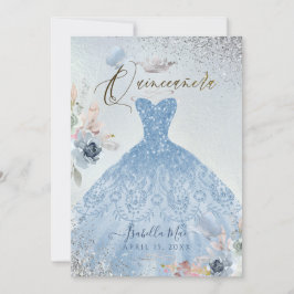 Convites Quinceanera Dusty Blue Glitter Borboletas