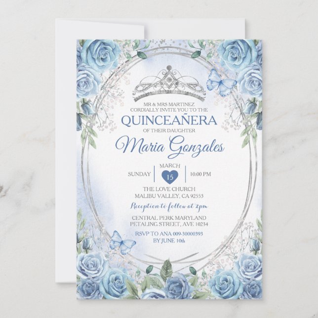 Convites Quinceañera Dusty Blue & Silver Crown Button (Frente)