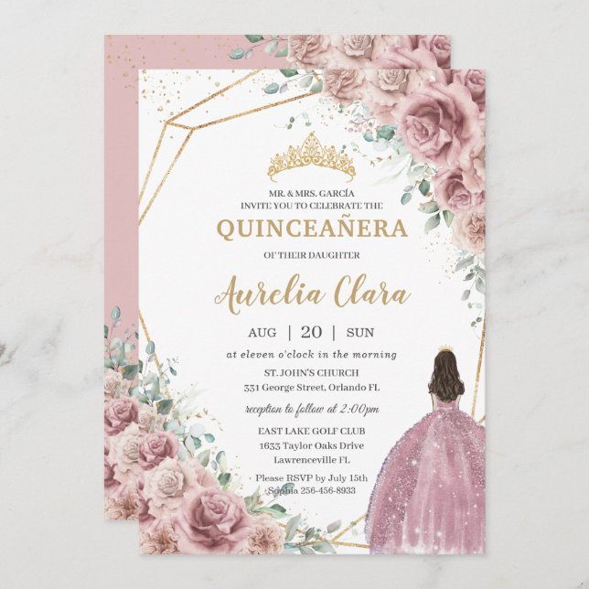 Convites Quinceañera Dusty Rosa Floral Princesa Gown Dourad (Frente/Verso)
