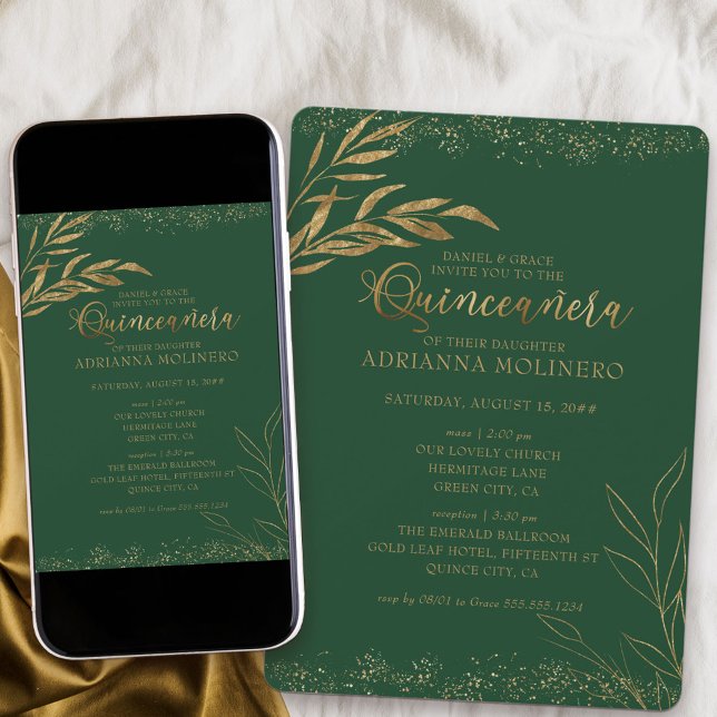 Convites Quinceanera e Folha Verde e Dourada Elegante de Ma (Church ceremony and Quinceanera invitation in emerald green from my Gold Leaf Collection
)