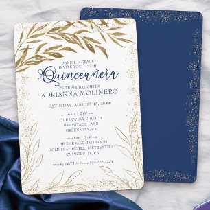 Convites Quinceanera e Luxo Maciço Folhas Douradas Azul Rea