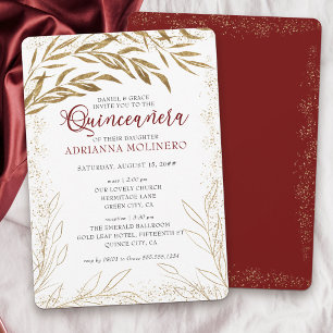 Convites Quinceanera e luxooso vermelho e dourado das folha