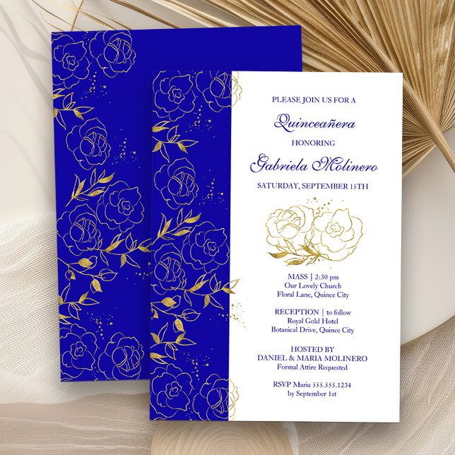 Convites Quinceanera e Massa Real Azul e Dourada Floral (Mass and Quinceanera Invitation from my Elegant Gold Flowers Quinceanera Collection)