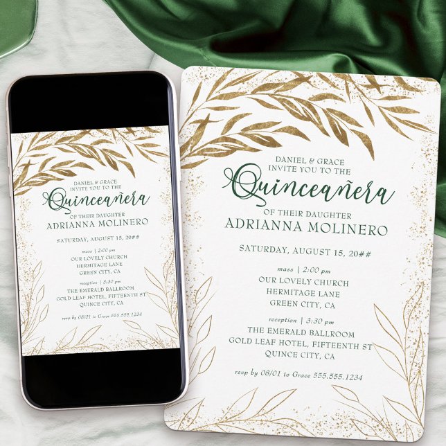 Convites Quinceanera e massas Elegantes, Folhas Verdes e Do (decorated on both sides and available professionally printed or as a printable download)