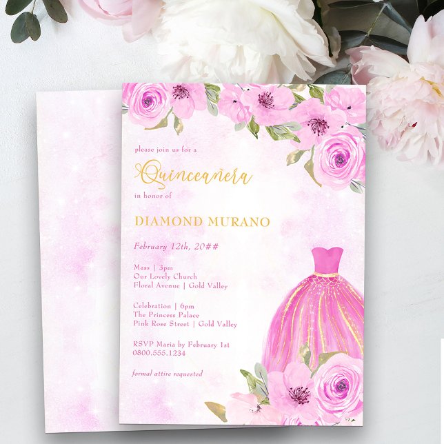 Convites Quinceanera e Princesa Floral Dourada, Rosa e Mass (Quinceanera Mass and Reception Invitation from my Galaxy Floral Princess Quinceanera collection)