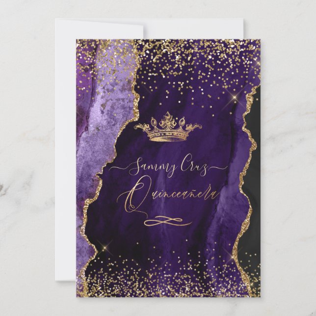 Convites Quinceanera EggPlant Agate Roxo Glitter Dourado (Frente)