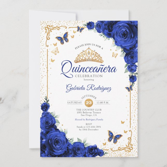 Convites  Quinceanera Elegant Chic Royal Blue Roses Gold (Frente)