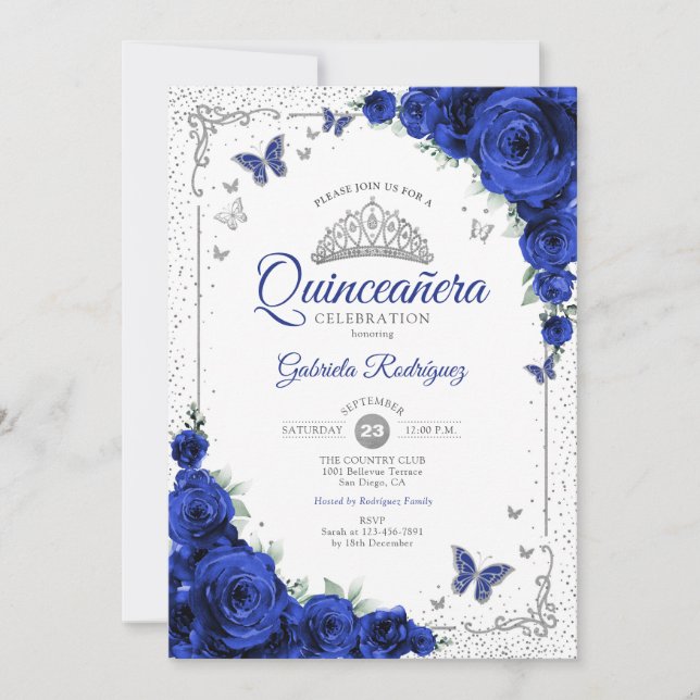 Convites  Quinceanera Elegant Chic Royal Blue Roses Silver (Frente)