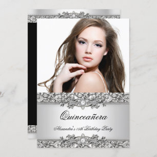 Convites Quinceanera Elegant Silver White Diamond Foto