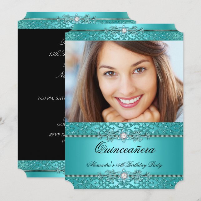 Convites Quinceanera Elegant Teal Blue Diamond Foto (Frente/Verso)