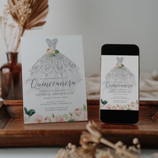 Convites Quinceañera Elegante 15 de Vestido Floral (Criador carregado)
