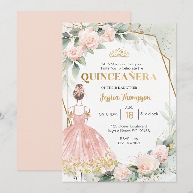 Convites Quinceañera Elegante Blush Dourado Floral Rosa (Frente/Verso)