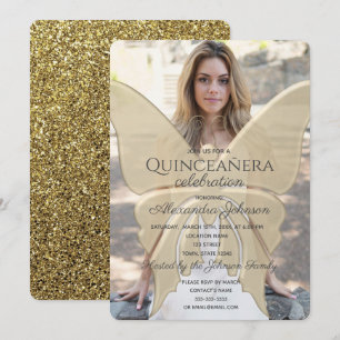Convites Quinceanera Elegante Borboleta Brilho Dourado Foto