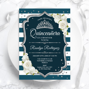 Convites Quinceanera Elegante Branca de Teal Silver