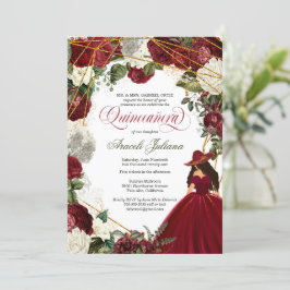 Convites Quinceanera elegante charro burgundy floral branco