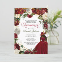 Quinceanera elegante charro burgundy floral branco