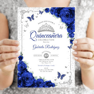 Convites Quinceanera Elegante Chique Rosas Azuis Reais Prat