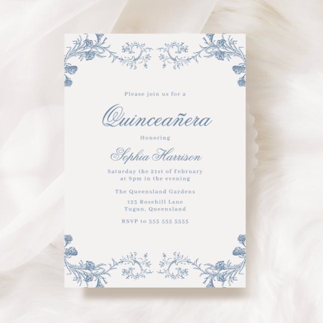Convites Quinceanera Elegante Clássica Vintage Blue (Criador carregado)