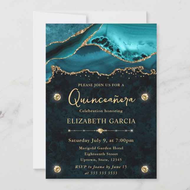 Convites Quinceanera Elegante com Brilho Azul e Dourado (Frente)