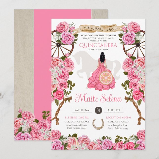 Convites Quinceanera Elegante cor-de-rosa Rosa Western Char (Frente/Verso)