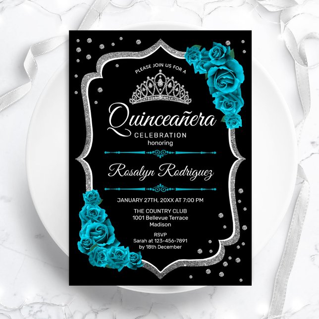 Convites Quinceanera Elegante de Prata Negra Teal (Criador carregado)