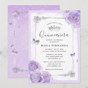 Convites Quinceanera Elegante de Rosas Roxos de Prata