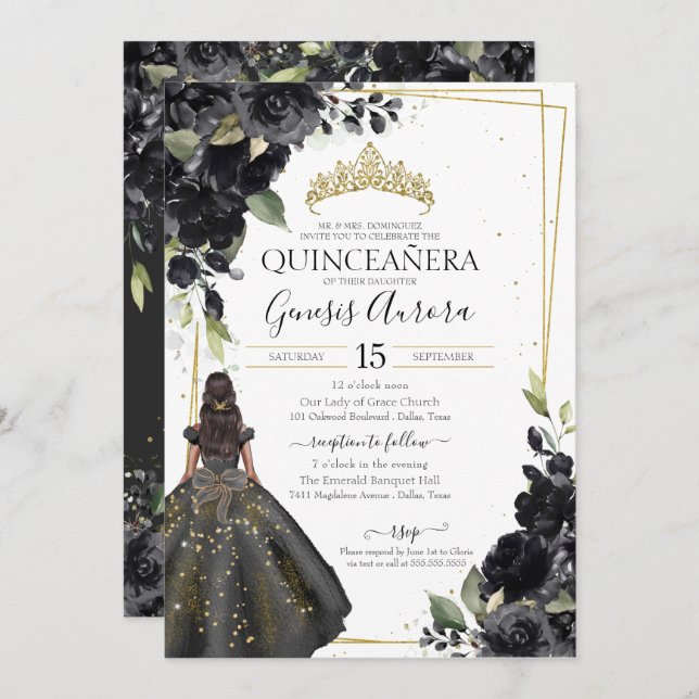 Convites Quinceanera Elegante de sotaque Dourado Floral Pre (Frente/Verso)