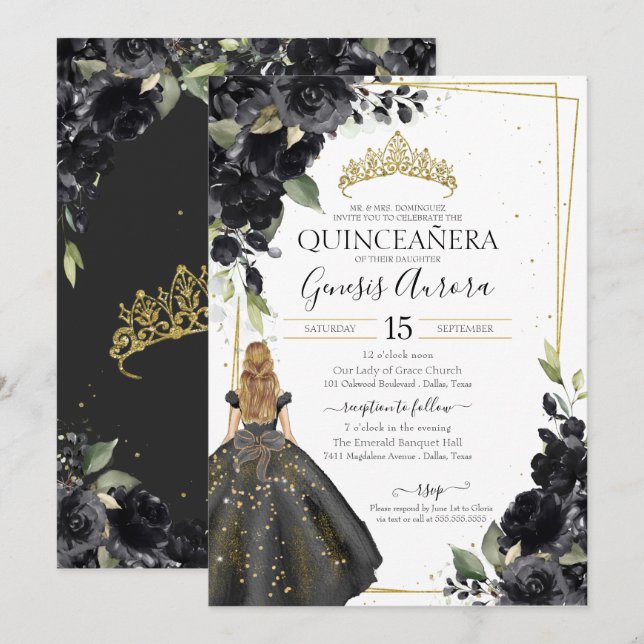 Convites Quinceanera Elegante de sotaque Dourado Floral Pre (Frente/Verso)