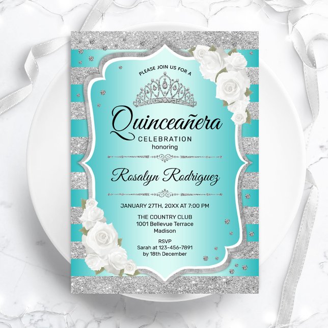 Convites Quinceanera Elegante de Teal Silver (Criador carregado)