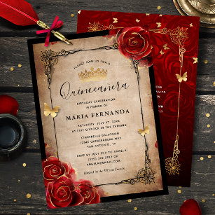 Convites Quinceanera Elegante Dourada da Rosa vermelha Vint