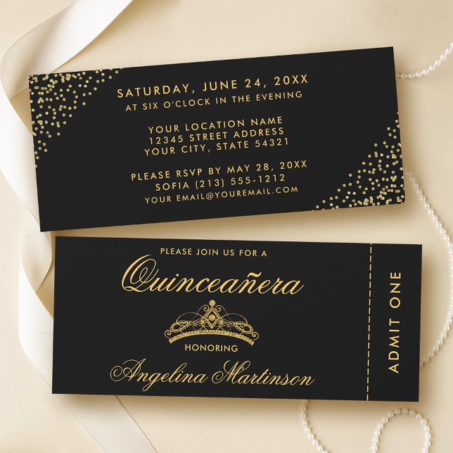 Convites Quinceanera Elegante Dourada e Bilhete Preto (Customize to change text style or text size.)