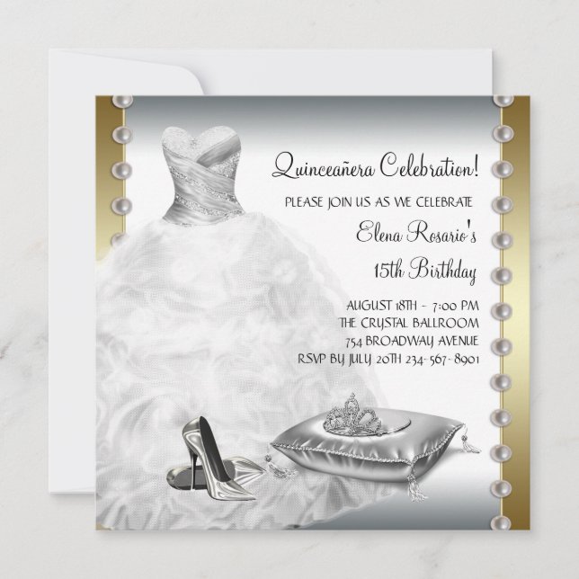 Convites Quinceanera Elegante Dourada e Branca (Frente)