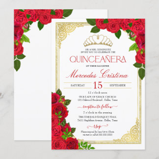 Convites Quinceañera Elegante Dourada e branca das rosas ve