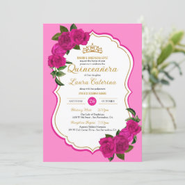 Convites Quinceanera Elegante Dourada e Rosa rosa quente
