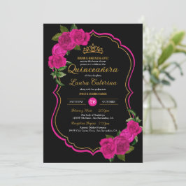 Convites Quinceanera Elegante Dourada e Rosa rosa quente