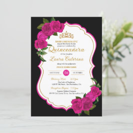 Convites Quinceanera Elegante Dourada e Rosa rosa quente