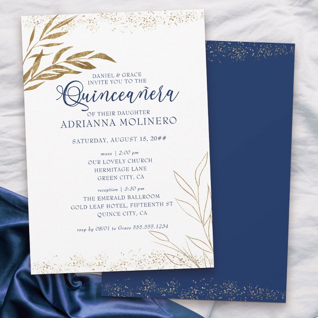 Convites Quinceanera Elegante e Folha Dourada Real (Elegant invitation to Quinceanera & church blessing white, blue and gold - my Gold Leaf Collection)