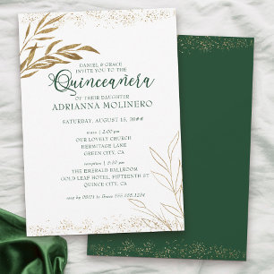 Convites Quinceanera Elegante e Folha Verde e Dourada